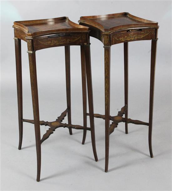 A pair of George III style mahogany and marquetry urn stands, circa 1900, 1ft, H. 2ft 6in.